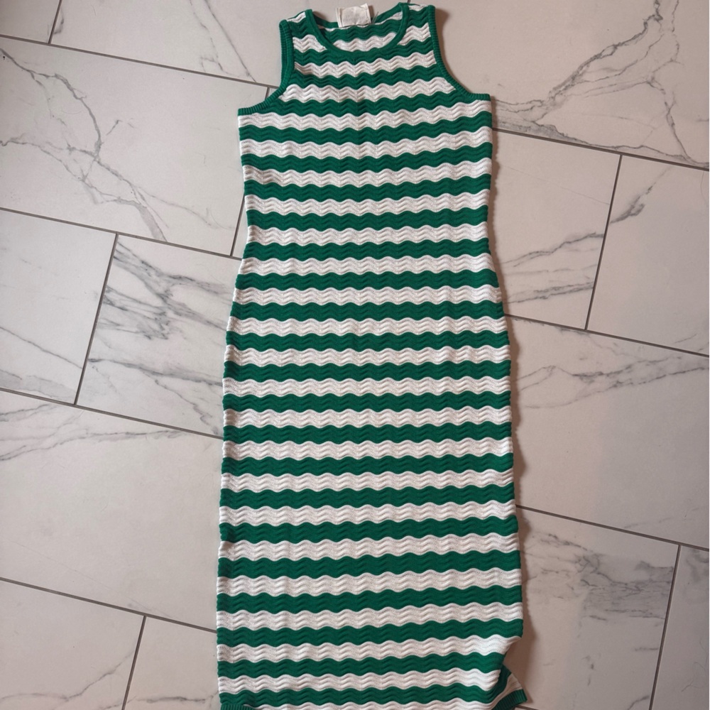 Tuckernuck Green and White Wavy Knit Tank Maxi Dress